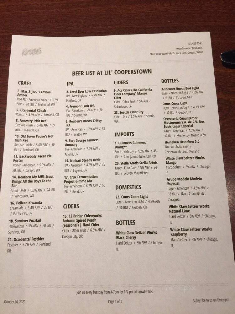 Lil' Cooperstown - West Linn, OR menu_pic