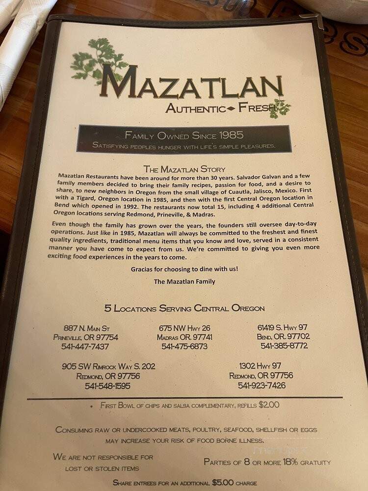 Mazatlan Mexican Restaurant - Redmond, OR menu_pic