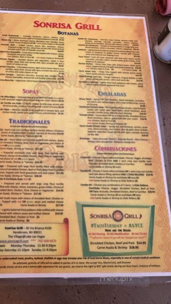 Sonrisa Grill and 3 Amigos - Las Vegas, NV menu_pic