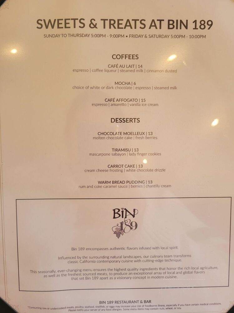BIN189 - Lake Arrowhead, CA menu_pic
