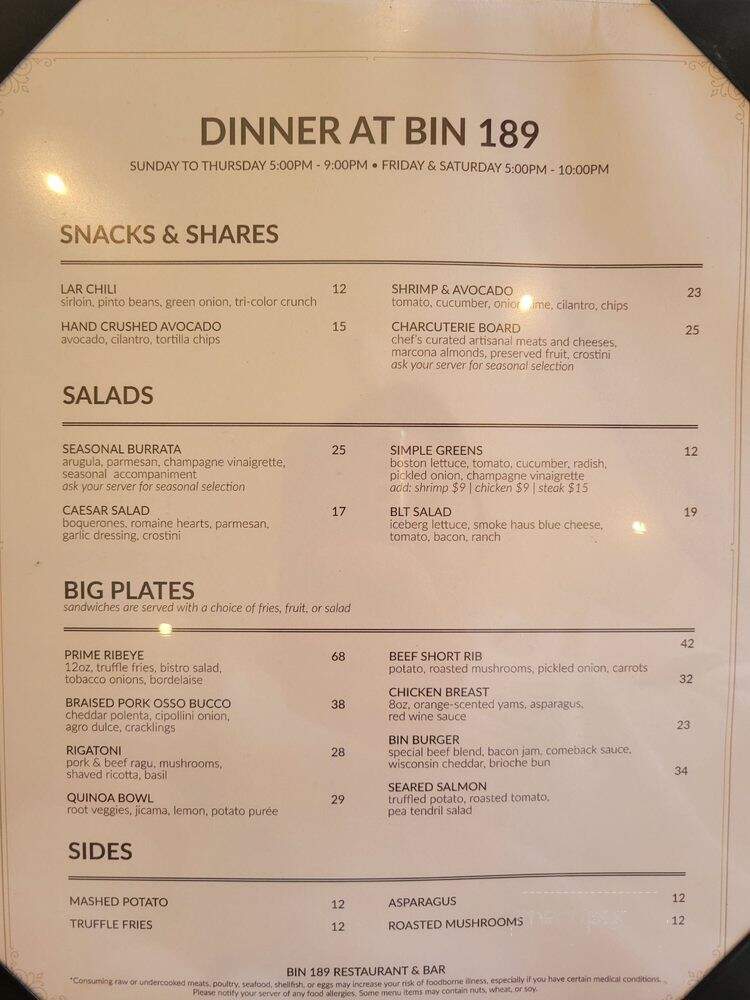 BIN189 - Lake Arrowhead, CA menu_pic