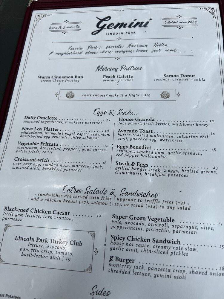 Gemini Bistro - Chicago, IL menu_pic