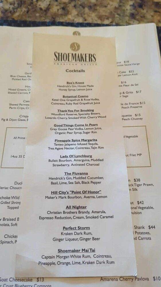 Shoemaker's Fine Dining - Lynchburg, VA menu_pic