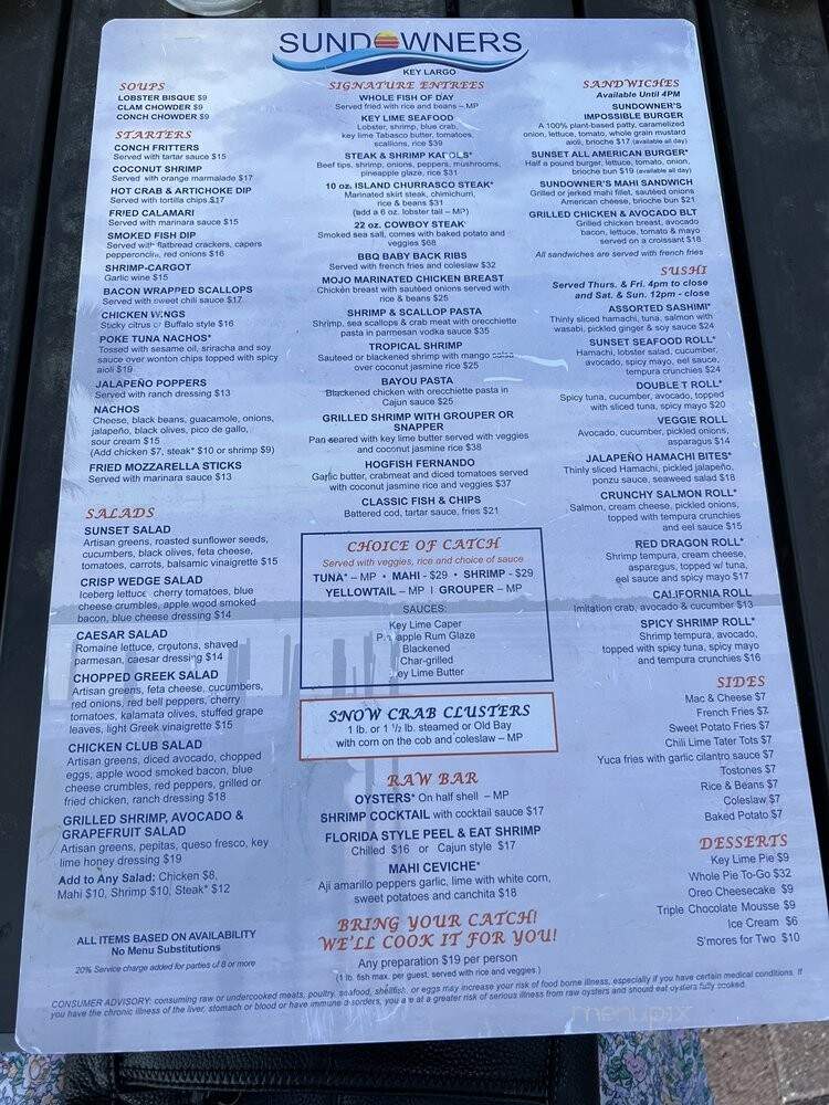 Sundowners on The Bay - Key Largo, FL menu_pic