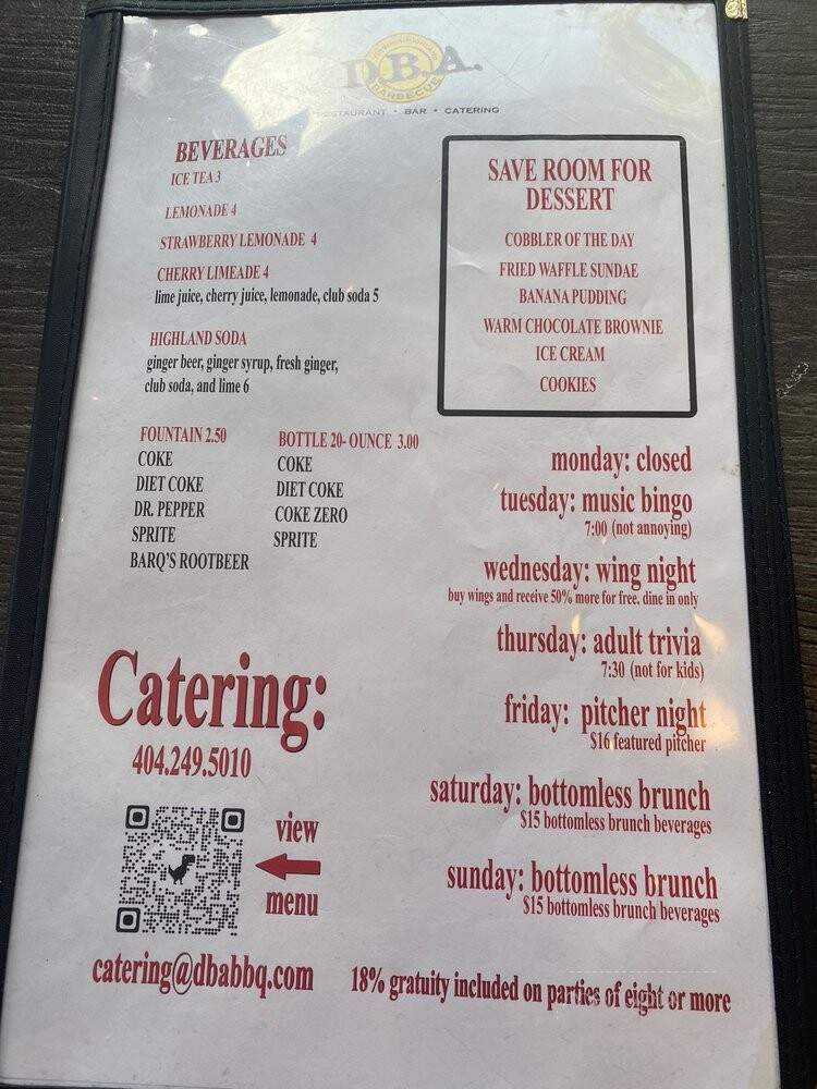 D.B.A. Barbecue - Atlanta, GA menu_pic
