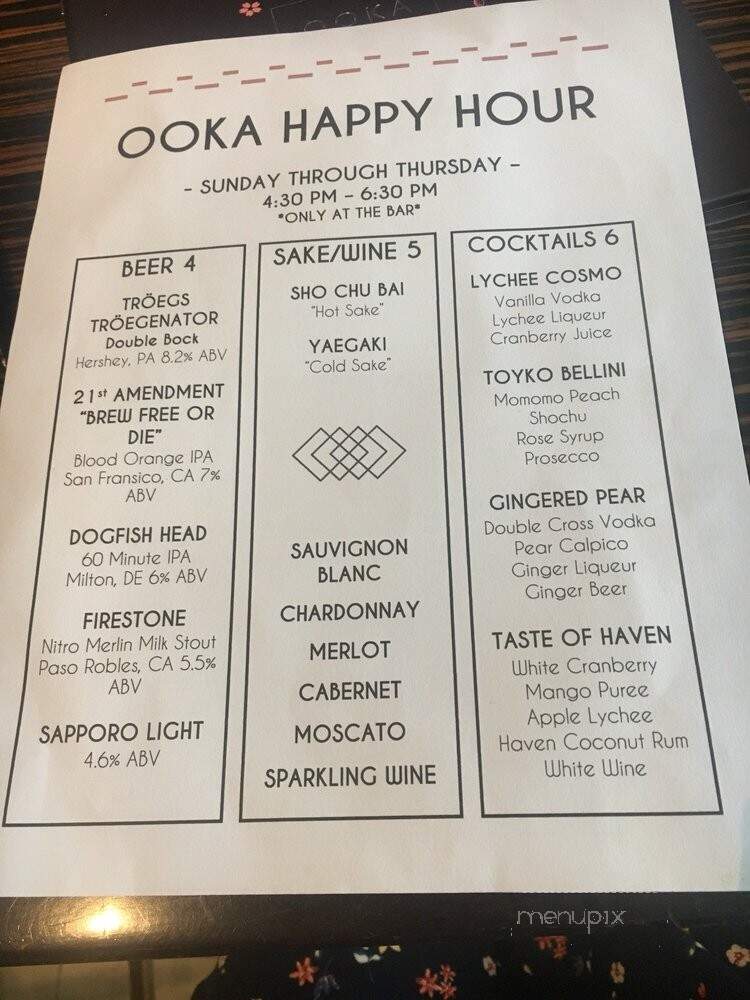 Ooka Japanese Sushi & Hibachi Steakhouse - Montgomeryville, PA menu_pic