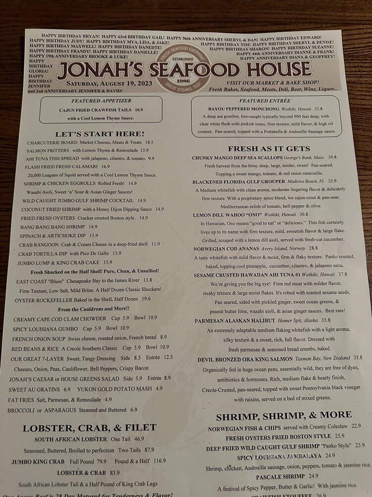 Jonah's Seafood House - East Peoria, IL menu_pic