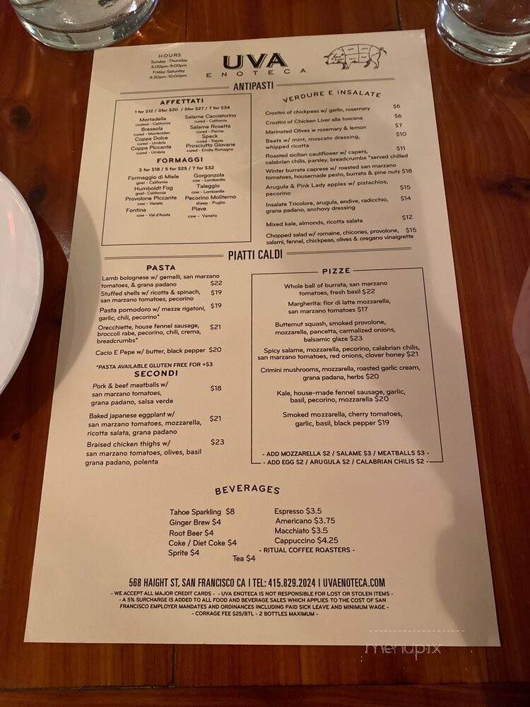 Uva Enoteca - San Francisco, CA menu_pic