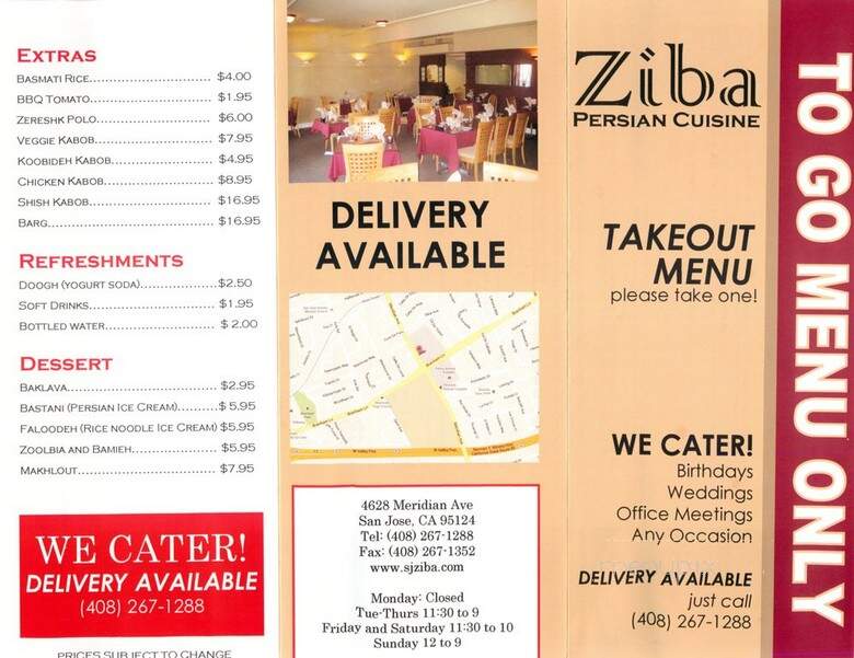 Ziba Restaurant & Catering - San Jose, CA menu_pic