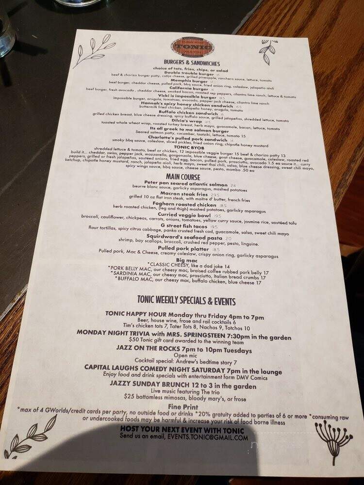 Tonic at Quigley's Restaurant - Washington, DC menu_pic