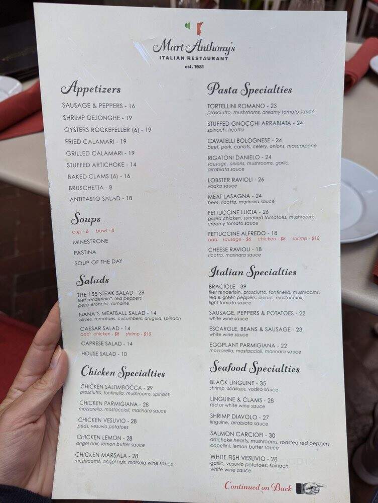 Mart Anthony's Italian Restaurant - Chicago, IL menu_pic