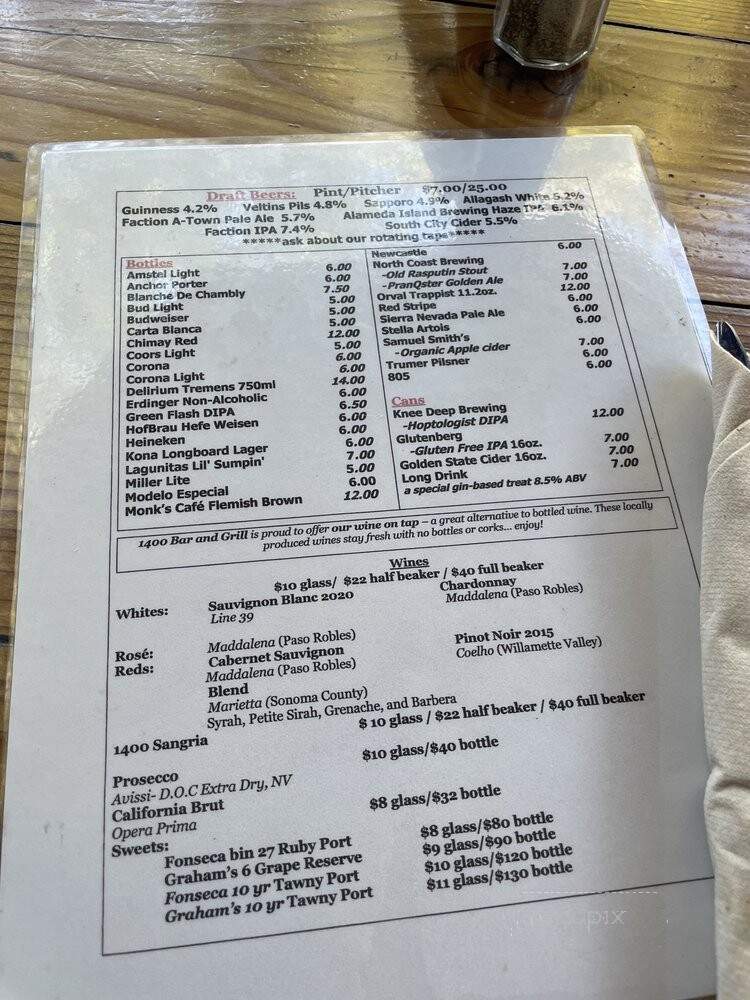 1400 Bar Grill - Alameda, CA menu_pic