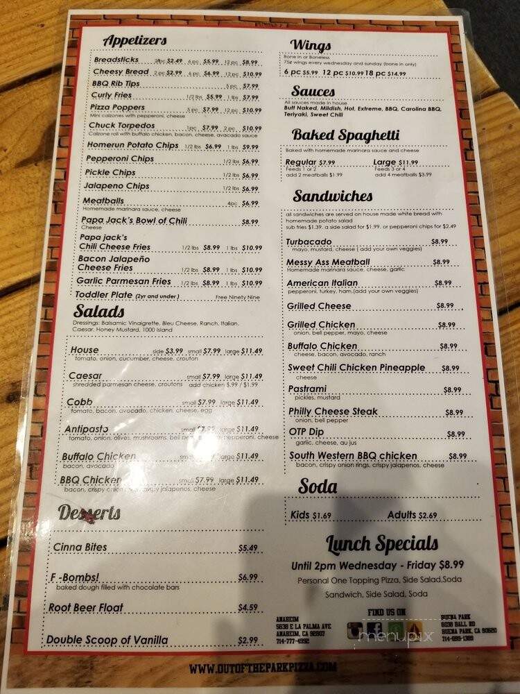 Out Of The Park Pizza - Anaheim, CA menu_pic