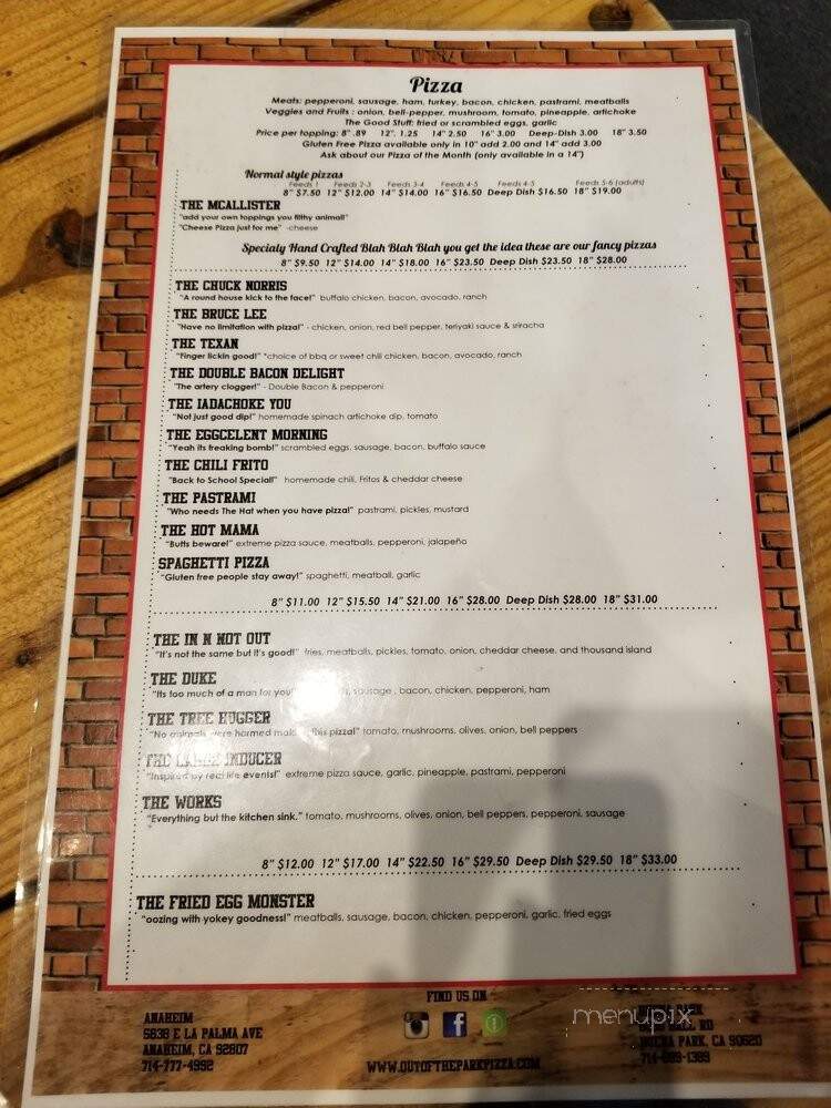 Out Of The Park Pizza - Anaheim, CA menu_pic