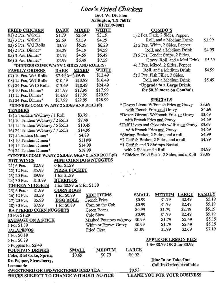 Lisa's Fried Chicken - Arlington, TX menu_pic
