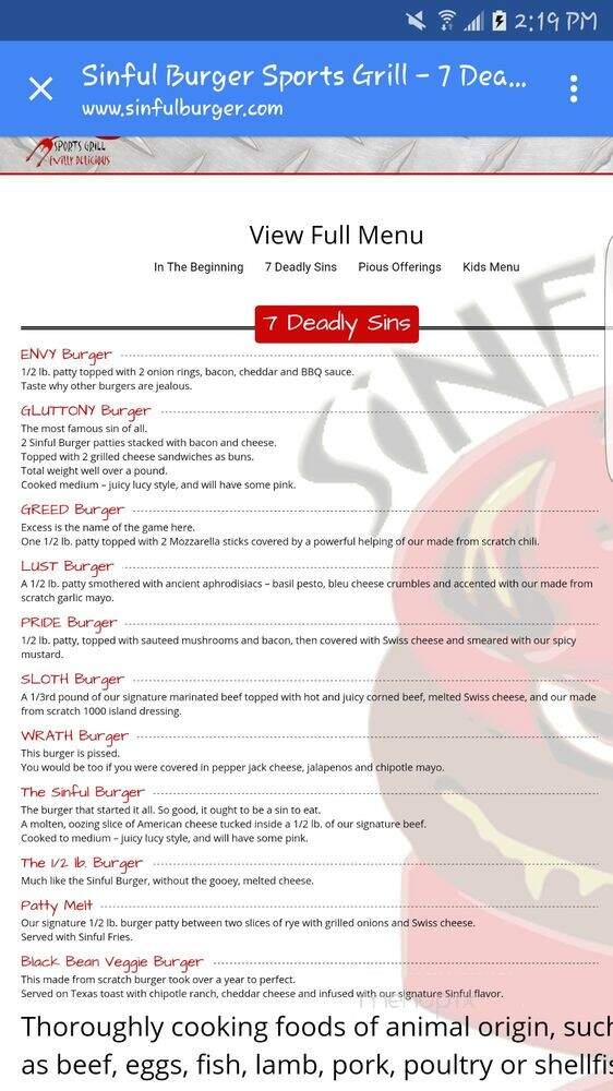 Sinful Burger Sports Grill - Bellevue, NE menu_pic