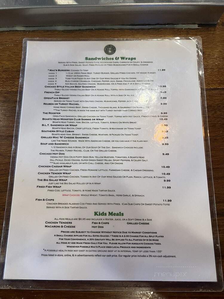 Mac's Pub and Grub - Charleston, SC menu_pic