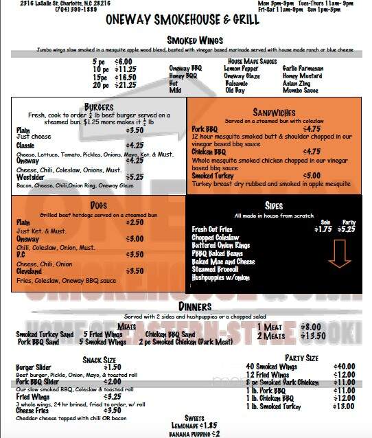 One Way Smokehouse Grille - Charlotte, NC menu_pic