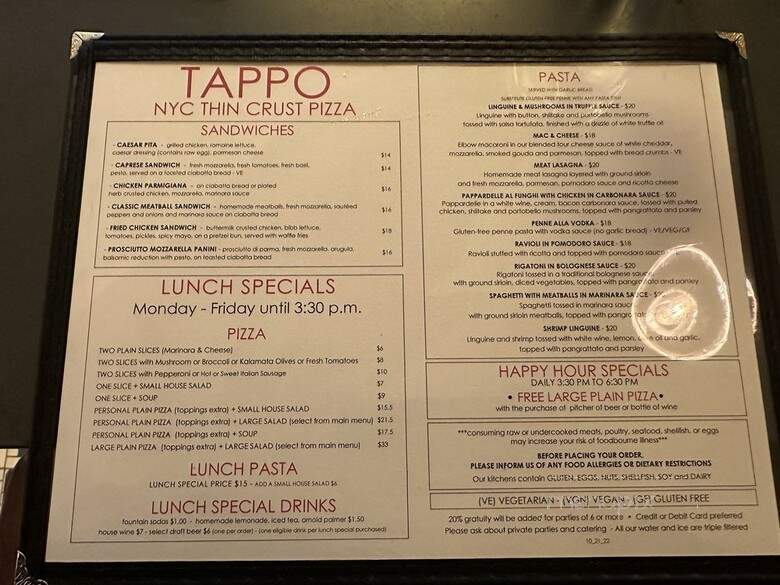Tappo Thin Crust Pizza - New York, NY menu_pic