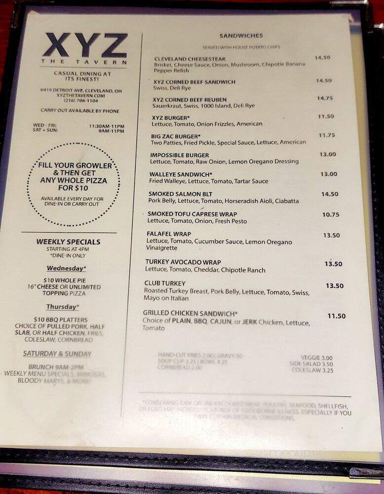 XYZ the Tavern - Cleveland, OH menu_pic