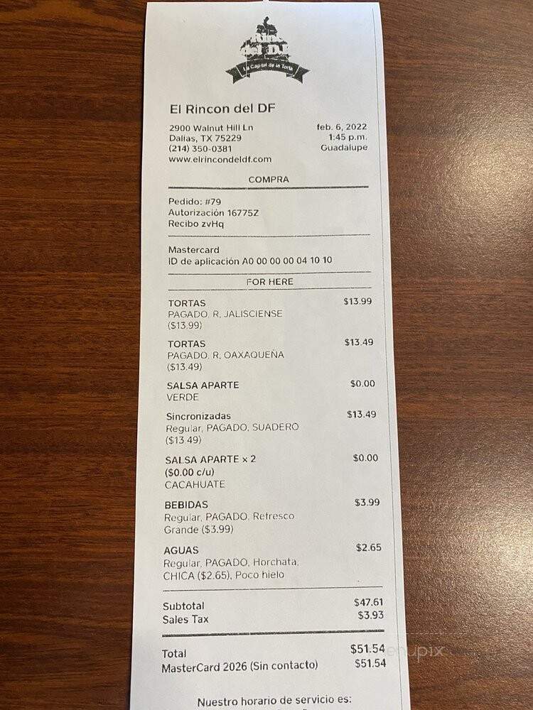 Tortas El Rincon del D.F. - Dallas, TX menu_pic