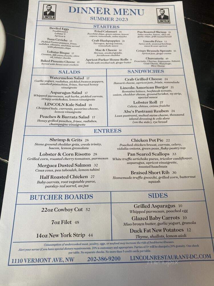 Lincoln Restaurant - Washington, DC menu_pic
