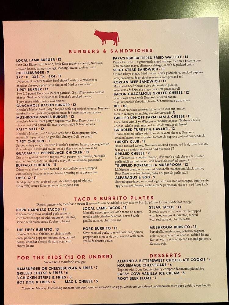 Tipsy Cow - Madison, WI menu_pic