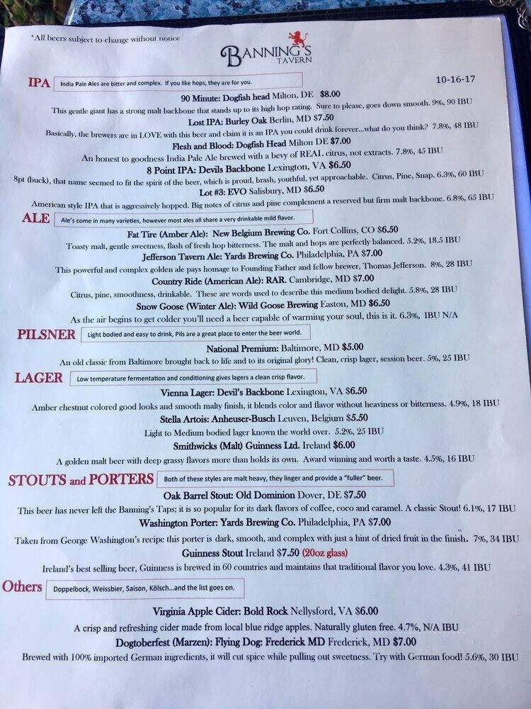Bannings Tavern - Easton, MD menu_pic