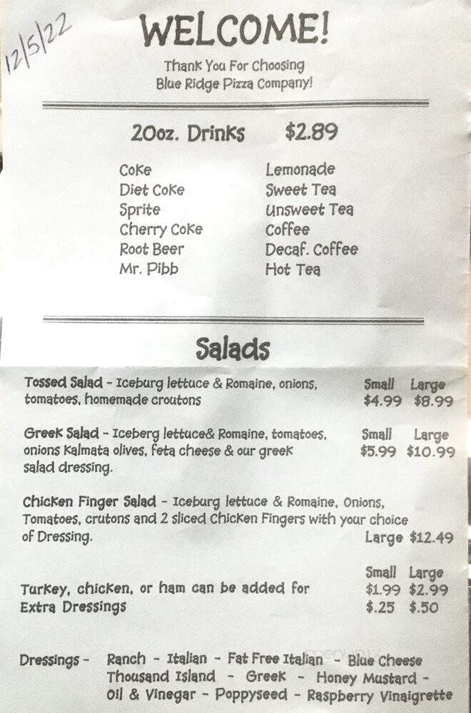 Blue Ridge Pizza Company - Etowah, NC menu_pic