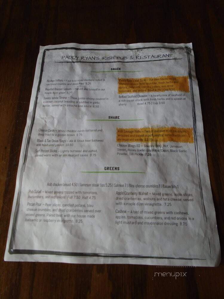 Paddy Ryans - Hudson, WI menu_pic