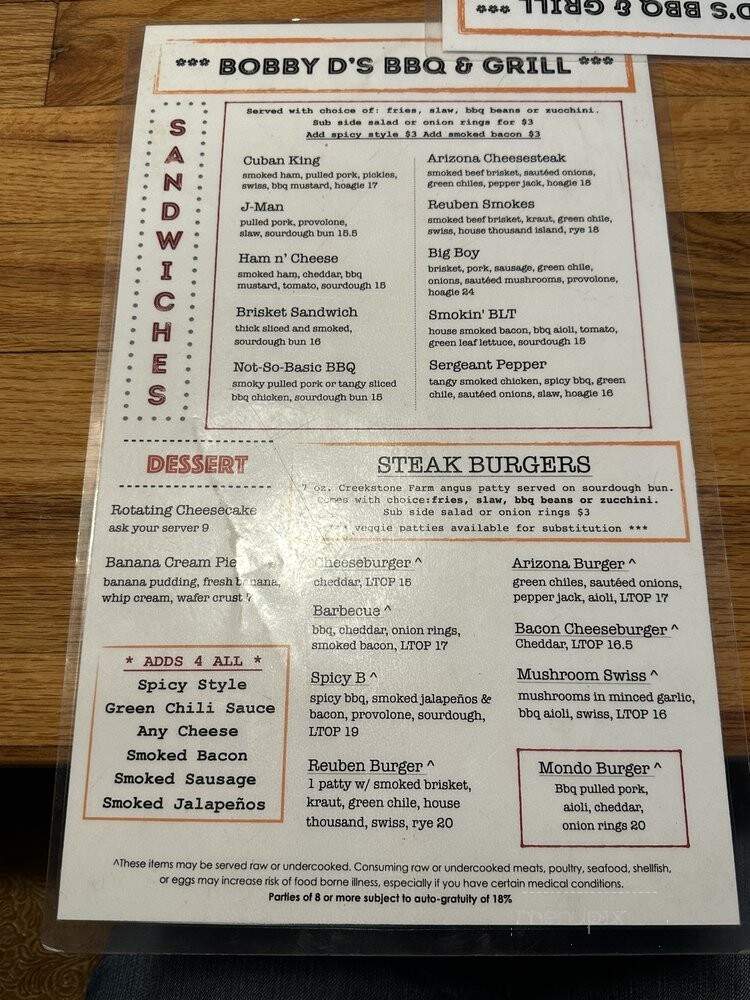 Bobby D's Bar-B-Q Pit at the English Kitchen - Jerome, AZ menu_pic