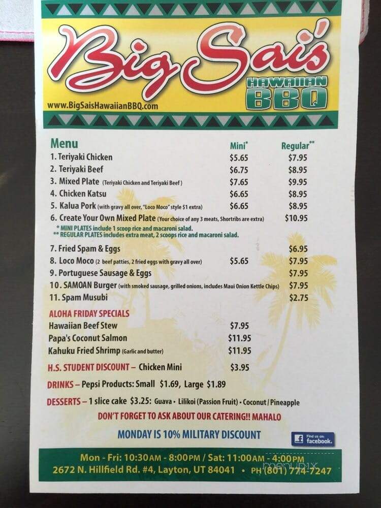 Big Sai's Hawaiian Bar-B-Q - Layton, UT menu_pic