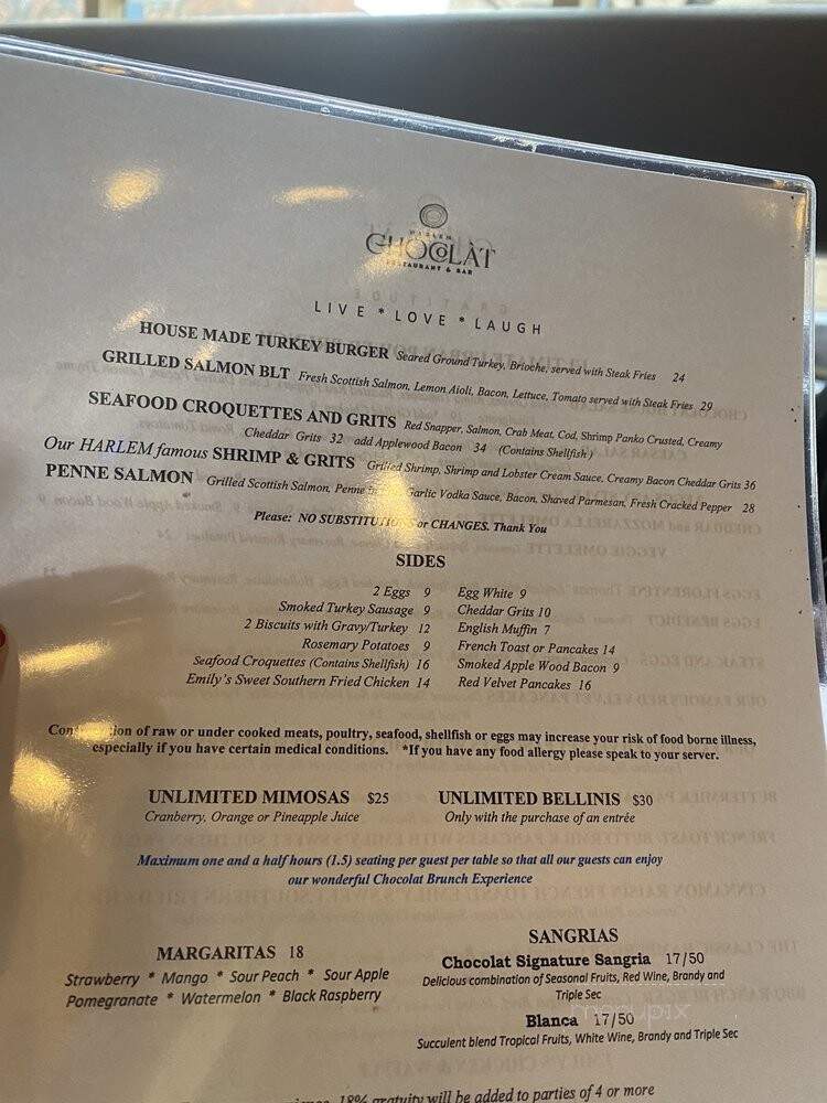 Chocolat Restaurant and Lounge - New York, NY menu_pic