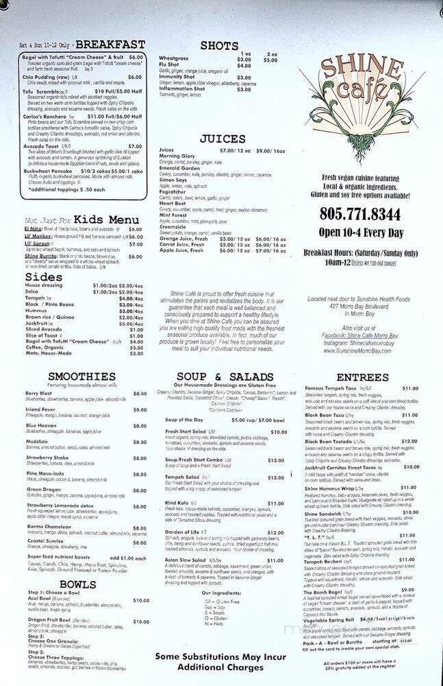Shine Cafe - Morro Bay, CA menu_pic