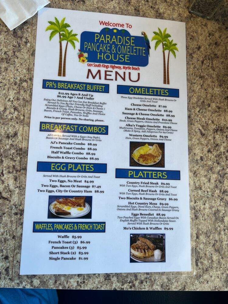 Paradise Pancake Omelet House - Myrtle Beach, SC menu_pic