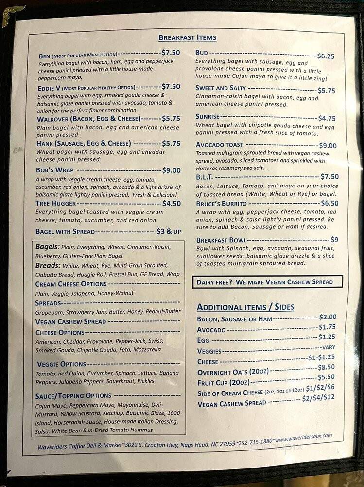 Waveriders Coffee and Deli - Nags Head, NC menu_pic