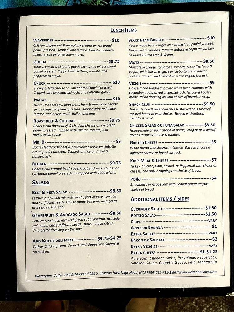 Waveriders Coffee and Deli - Nags Head, NC menu_pic