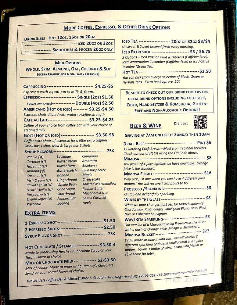 Waveriders Coffee and Deli - Nags Head, NC menu_pic