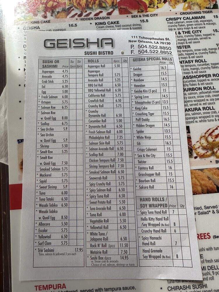 Geisha Sushi Bistro - New Orleans, LA menu_pic
