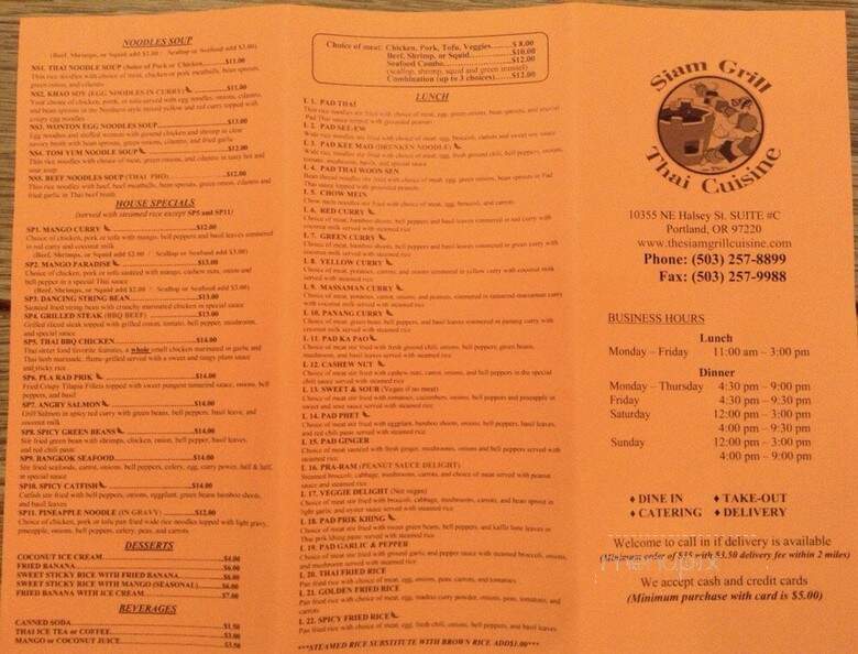 Siam grill - Portland, OR menu_pic