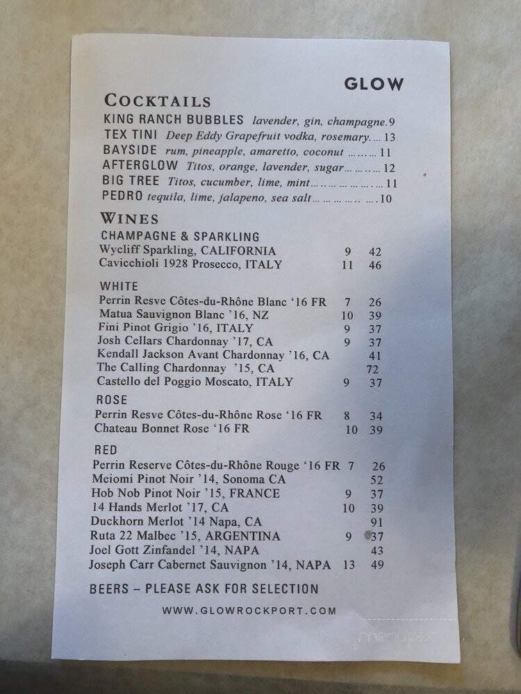 Glow - Rockport, TX menu_pic