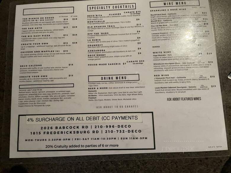 Deco Pizzeria - San Antonio, TX menu_pic