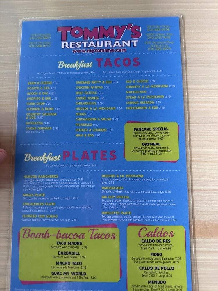 Tommy's Restaurant #4 - San Antonio, TX menu_pic