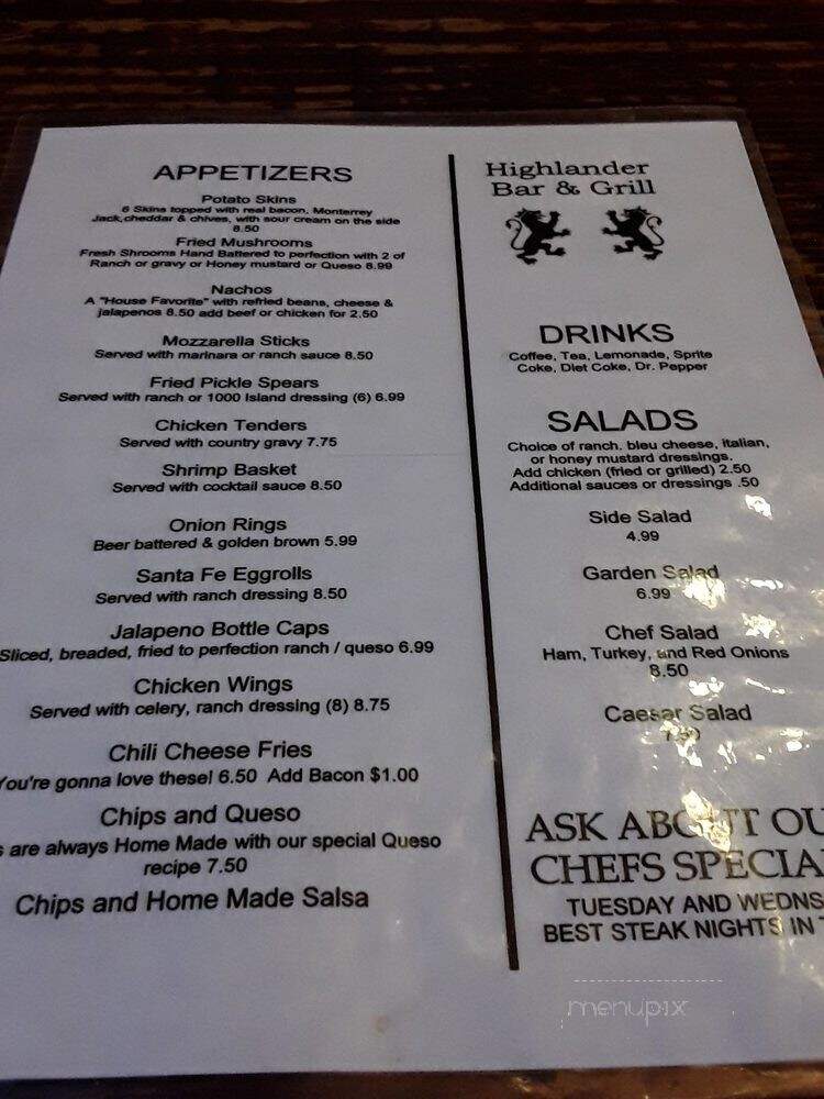 Highlander Bar and Grill - San Antonio, TX menu_pic