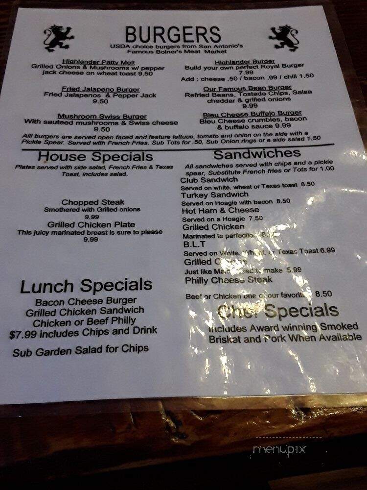 Highlander Bar and Grill - San Antonio, TX menu_pic