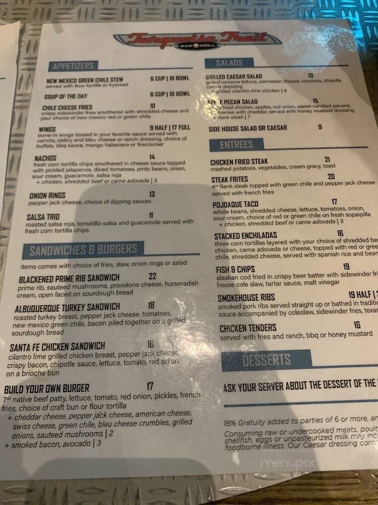 Turquoise Trail Bar Grille - Santa Fe, NM menu_pic