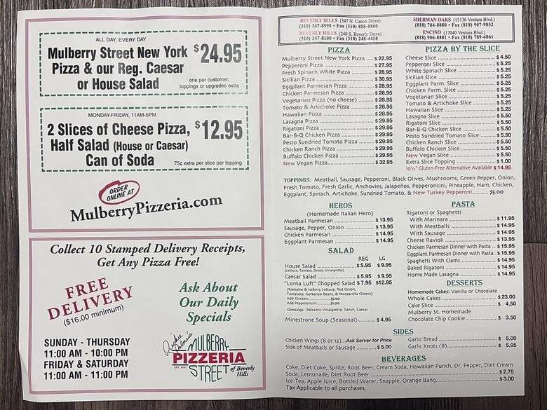 Mulberry Street Pizza - Sherman Oaks, CA menu_pic
