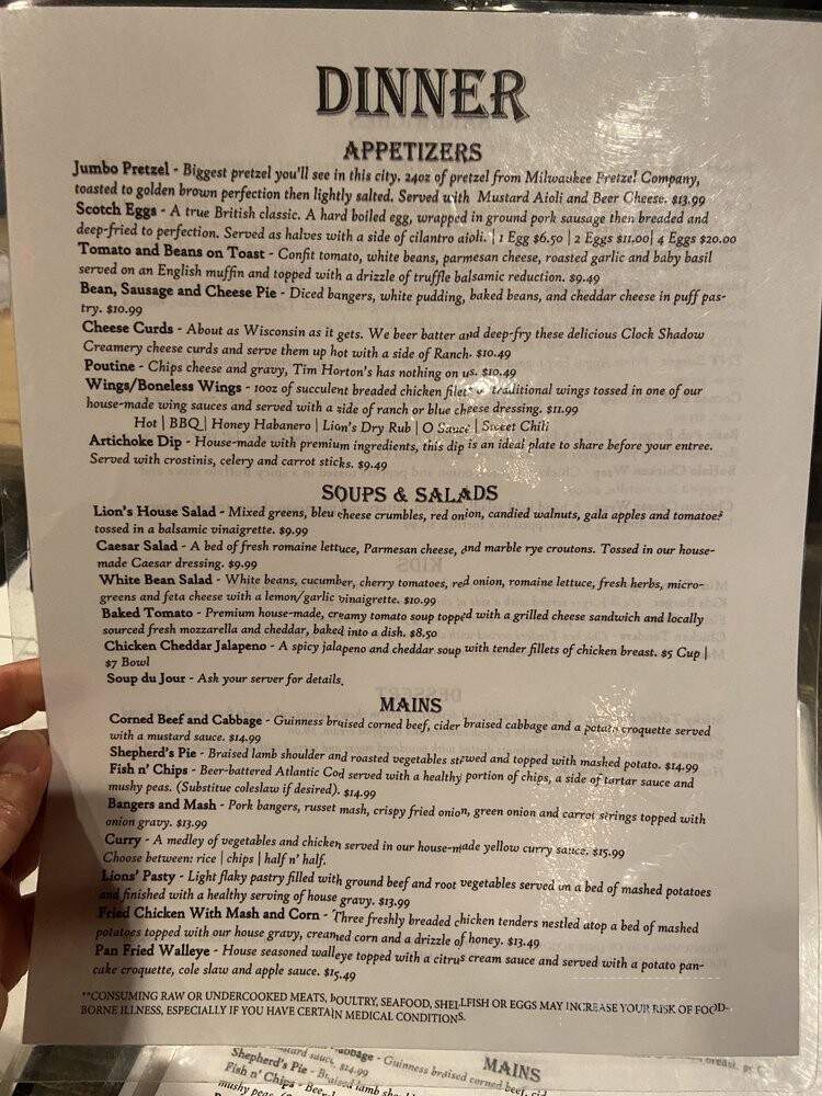 Three Lions Pub - Shorewood, WI menu_pic
