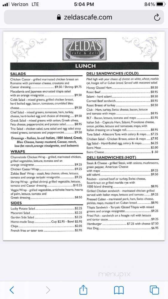 Zelda's Cafe Deli - Tampa, FL menu_pic