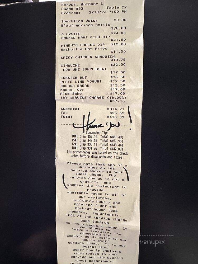 Son of a Gun Restaurant - Los Angeles, CA menu_pic